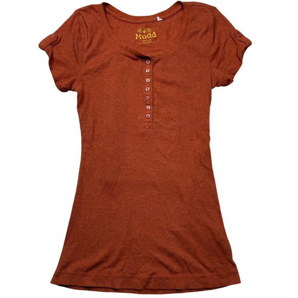 Mudd Tops - VTG Y2K Mudd Rust Orange Fitted Ribbed Henley Short Sleeve Button Top Medium
